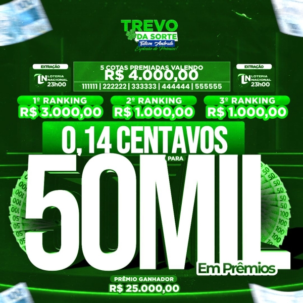 14 CENTAVOS PRA 50 MIL REAIS EM PRÊMIOS, SORTEIO HOJE ÀS 23 HORAS LOTERIA NACIONAL