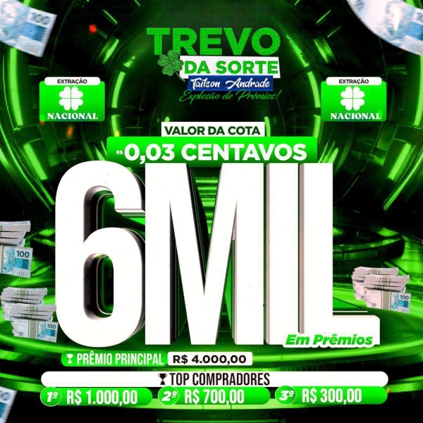 3 centavos pra 6 mil reais em prêmios, sorteio hoje às 23 horas loteria nacional