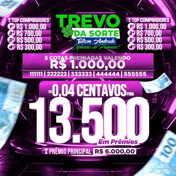 4 centavos pra 13,500 reais em prêmios, sorteio hoje às 23 horas loteria navional