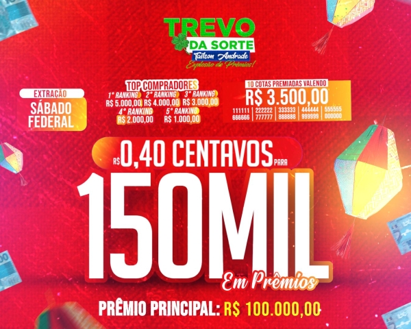 40 centavos pra 150 mil reais em prêmios, sorteio sábado às 19 horas loteria federal