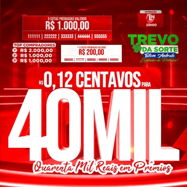 12 centavos pra 40 mil reais em prêmios, sorteio hoje às 23 horas loteria nacional