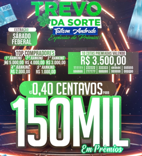 40 centavos pra 150 mil reais em prêmios, sorteio sábado às 19 horas loteria federal